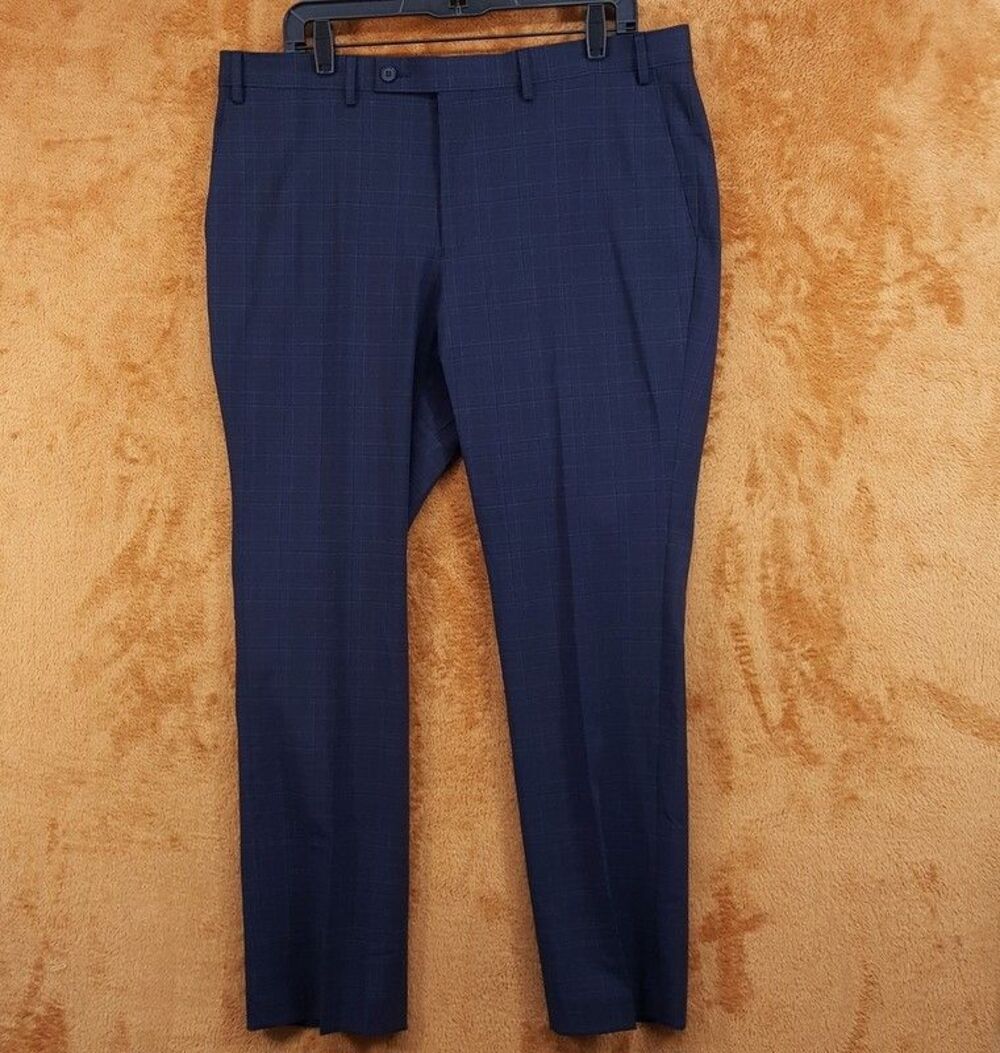 DKNY Suit Pants Mens Size 35 Navy Blue Plaid Straight Leg Modern Fit